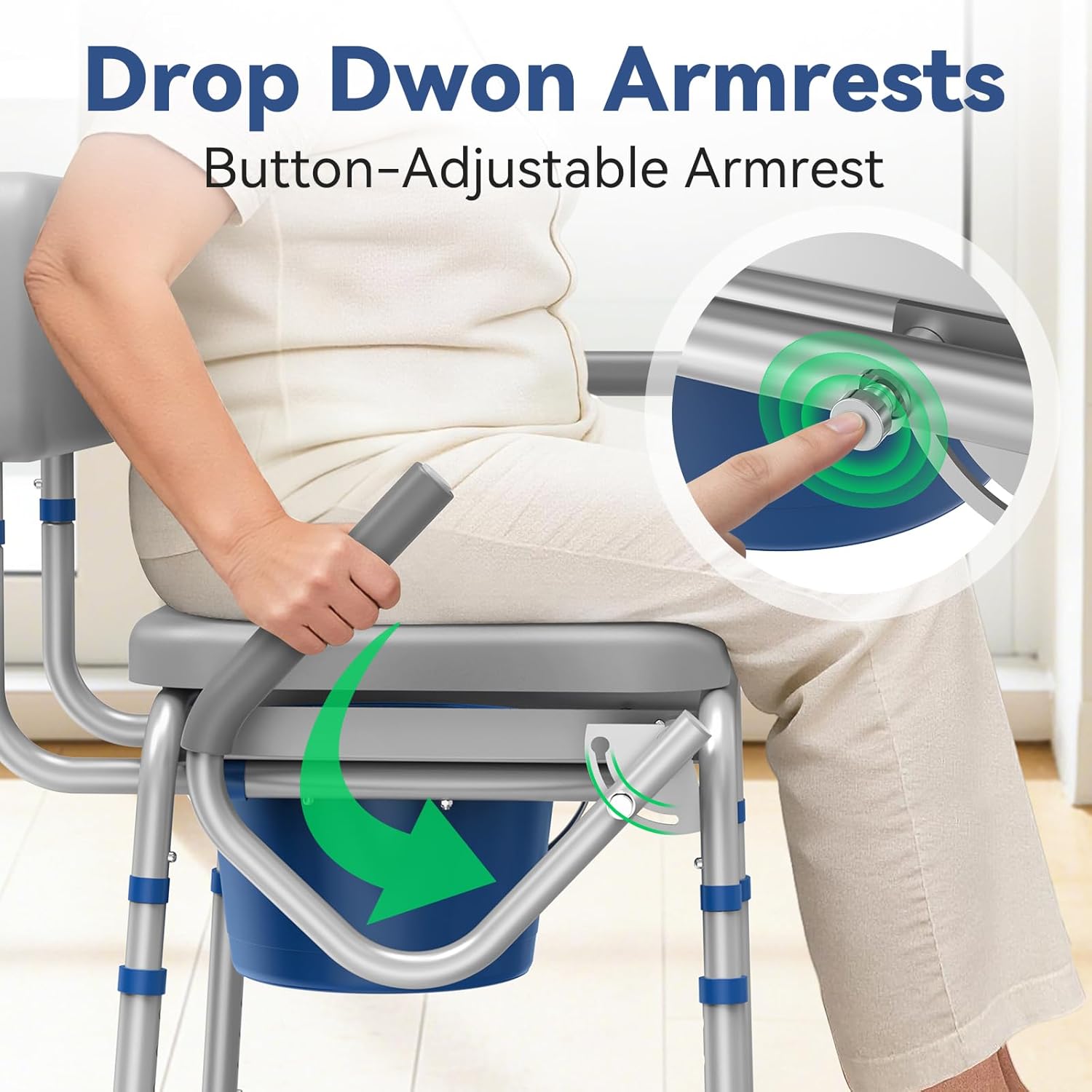 Loyoda Drop Arm Bedside Commode with Padded Seat, Removable Bucket, 500 lb Capacity

