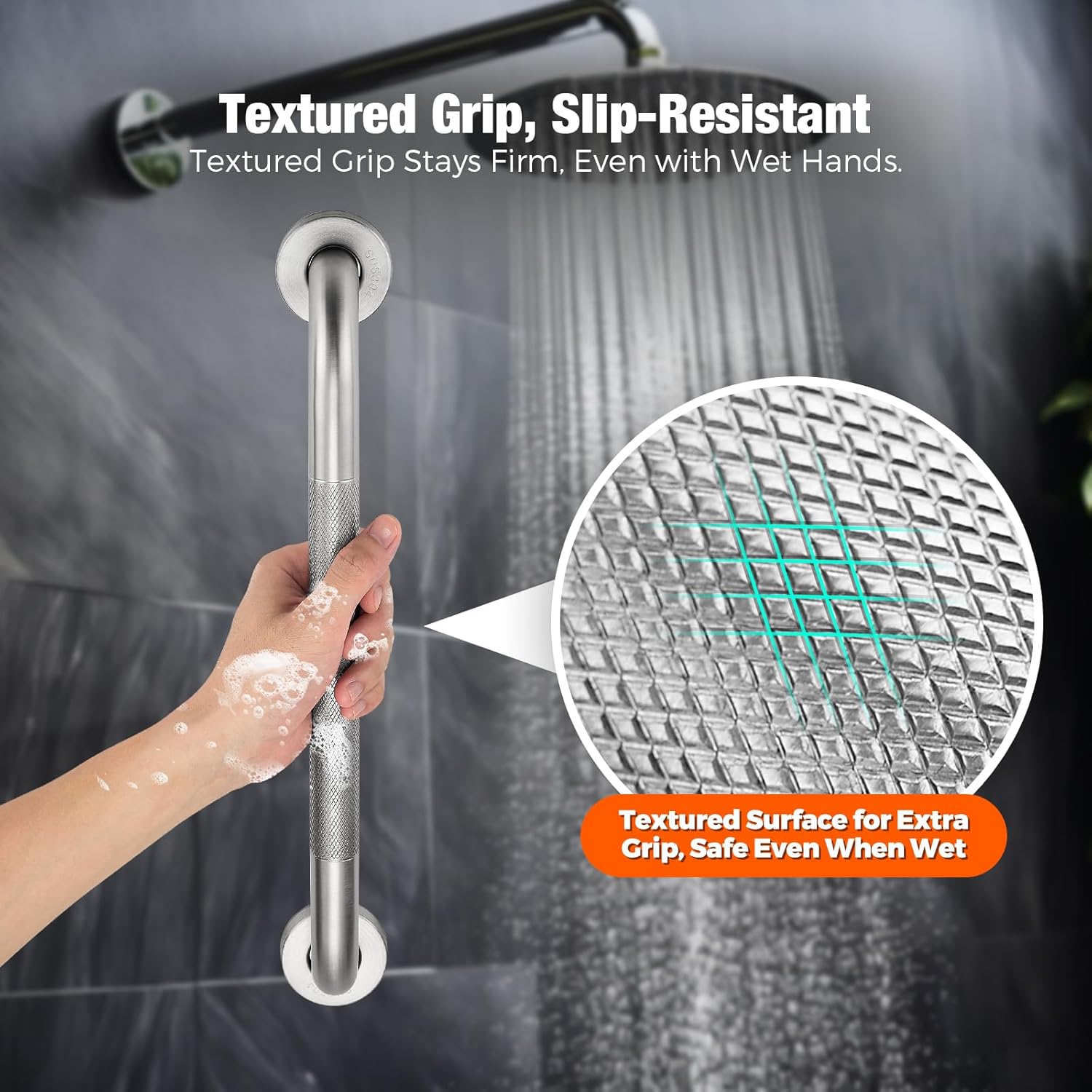 Stainless Steel Shower Grab Bar with Anti-Slip Textured Grip for Bathroom Safety

