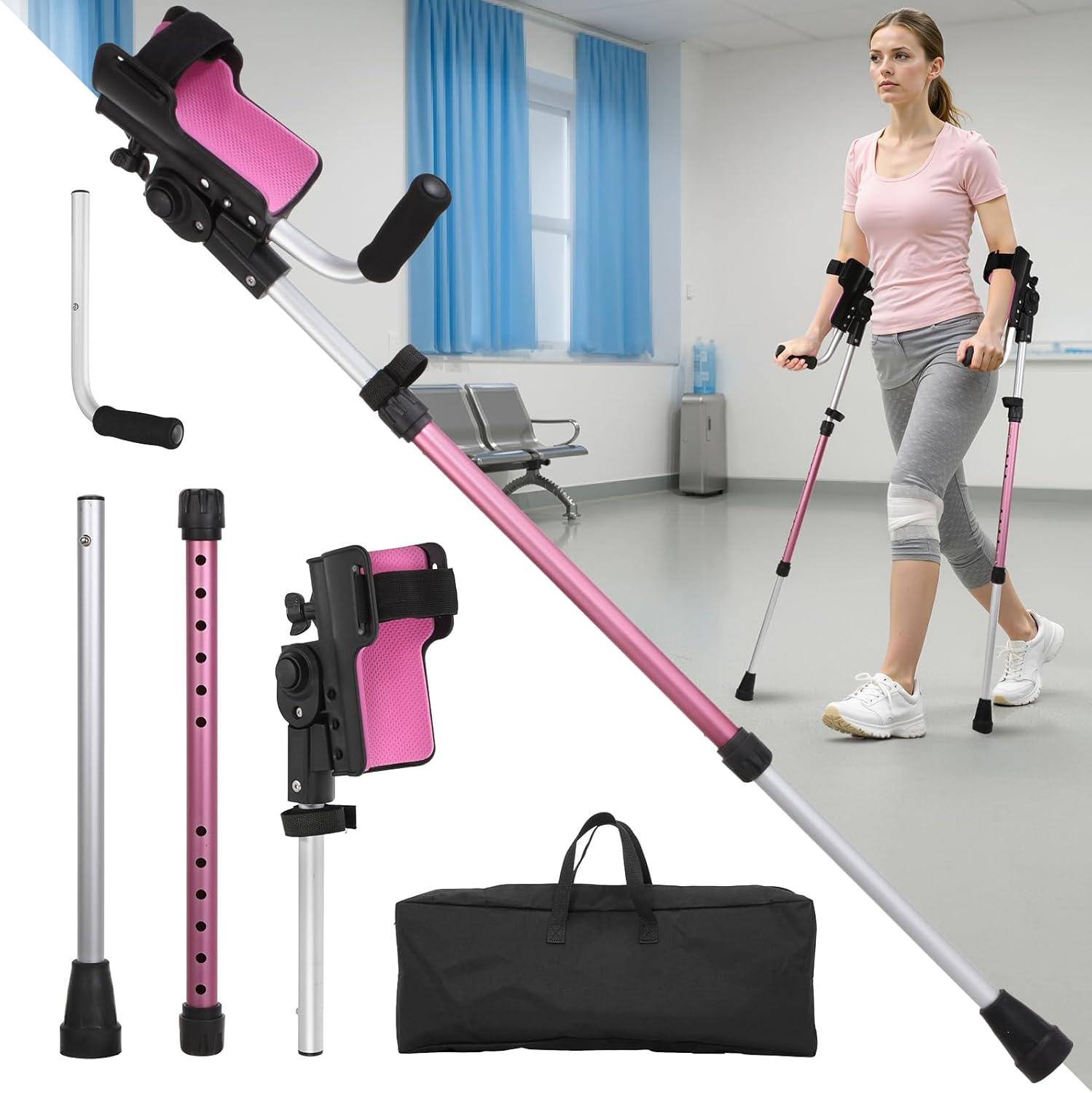 Adjustable 3-Angle Forearm Crutches for Adults, Non-Slip Rubber Tips, EVA Support

