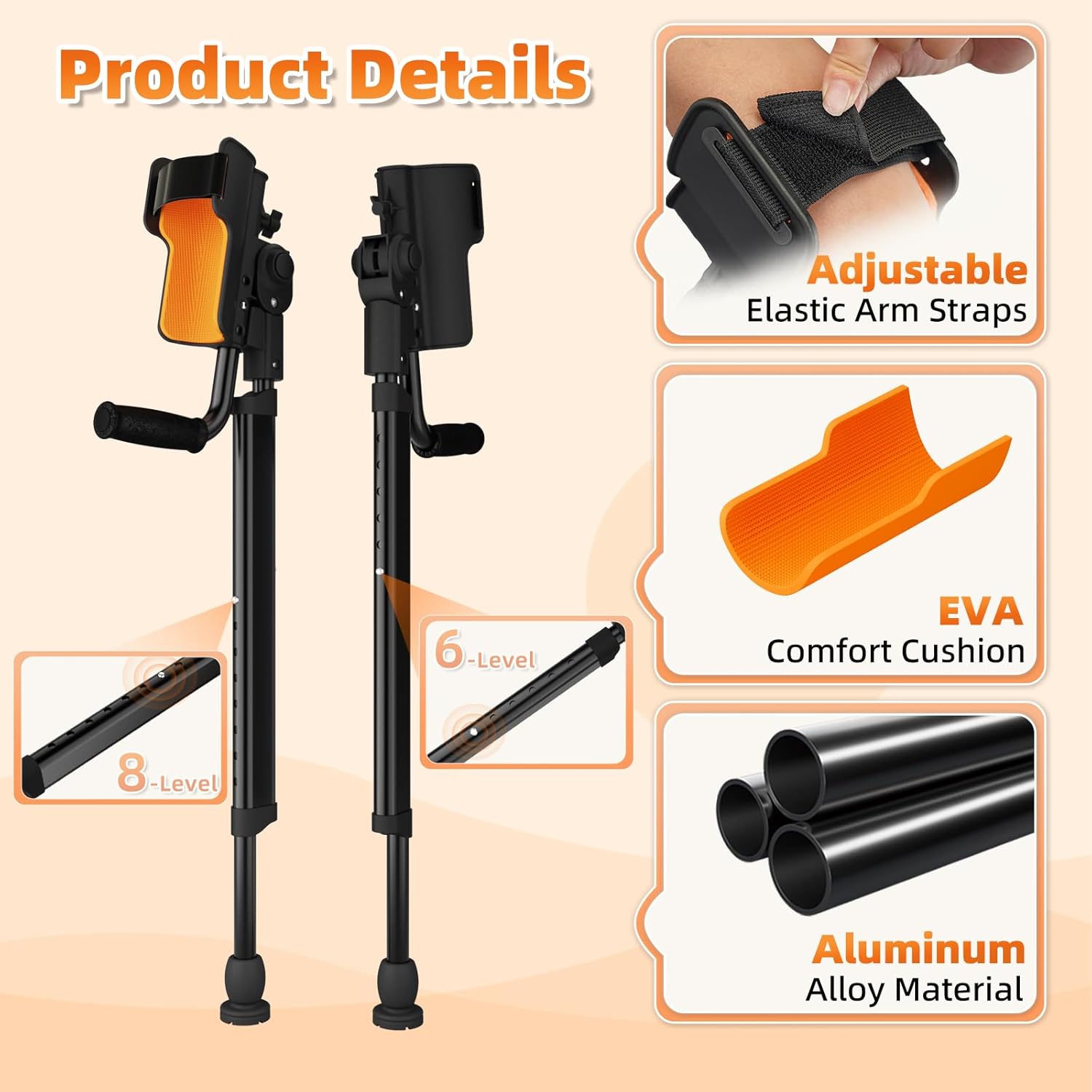 Adjustable Forearm Crutches for Adults, Foldable Height-Adjustable EVA Cushions

