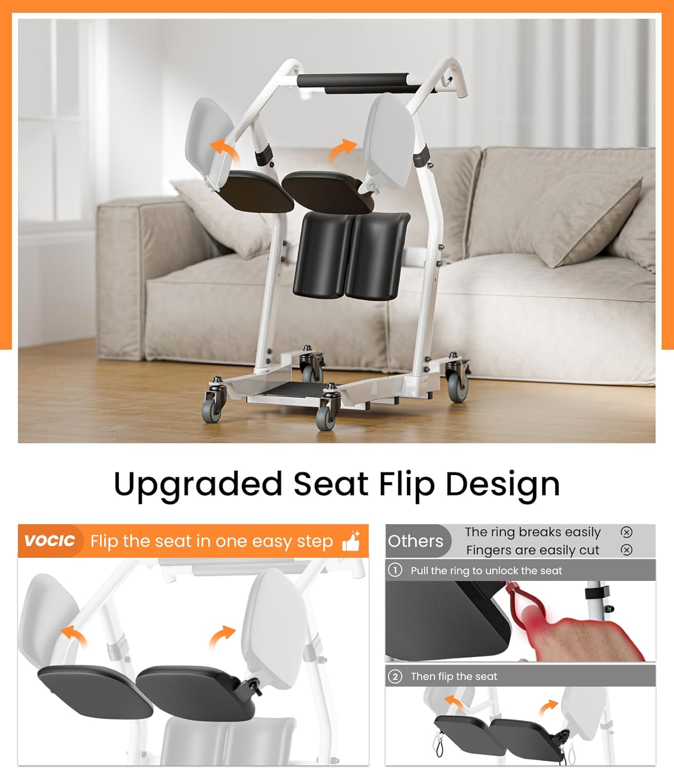 VOCIC Sit to Stand Lift Transfer Assist Chair with Wheels and Safety Lock Brakes

