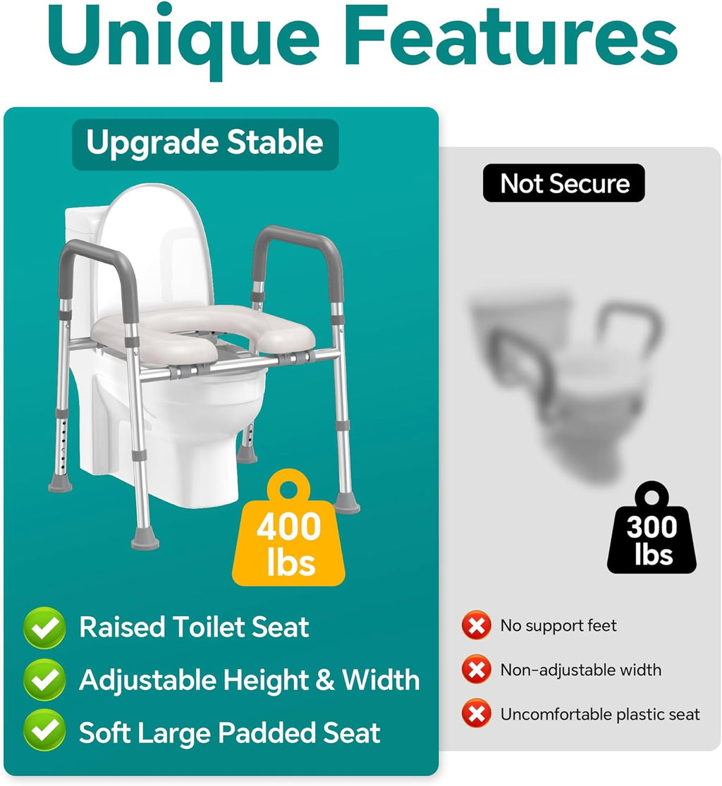 Soundfuse Raised Toilet Seat Riser with Handles, Adjustable Height and Width, Padded


