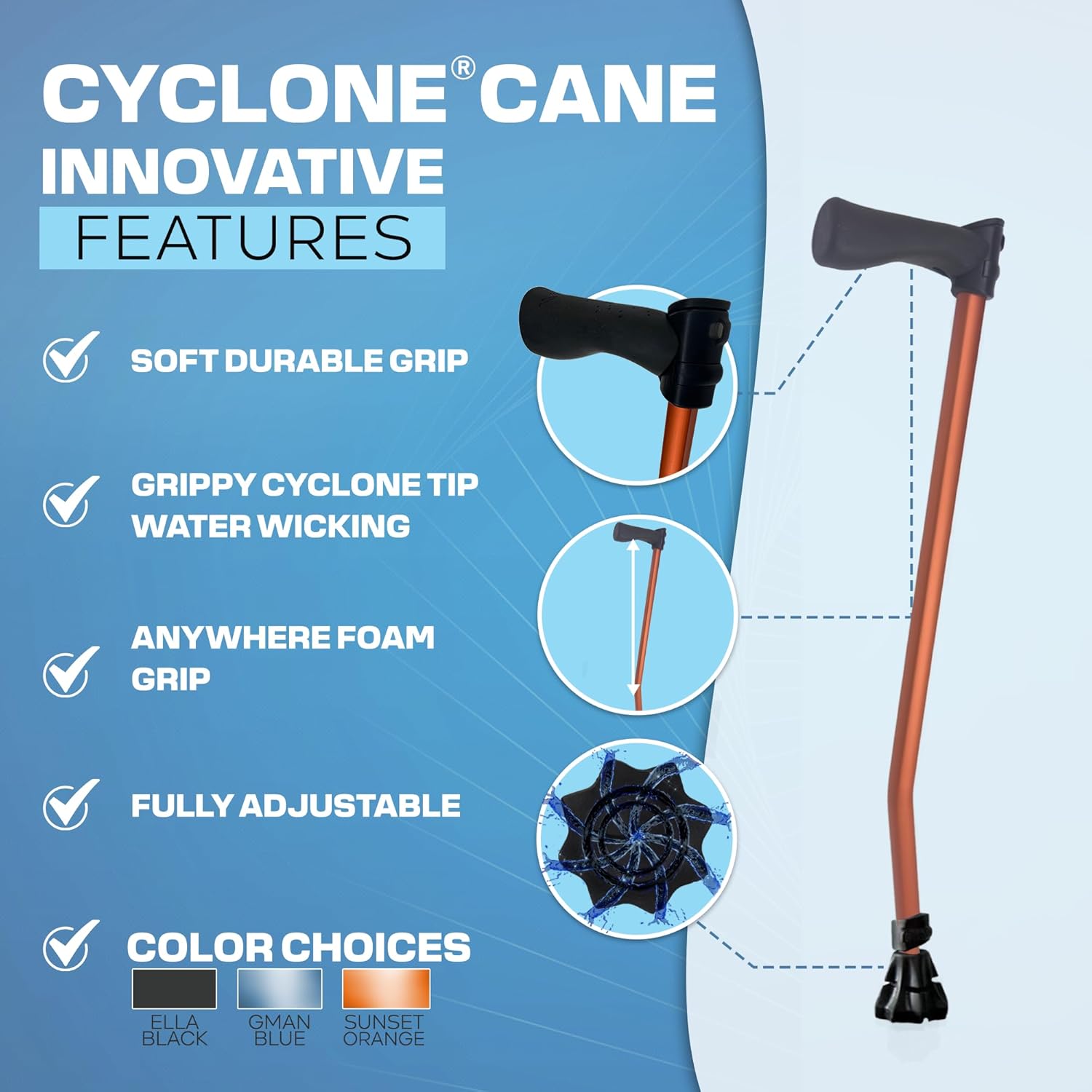 Dynamo Cyclone Adjustable Walking Cane with V-Tech Handgrip for Stability

