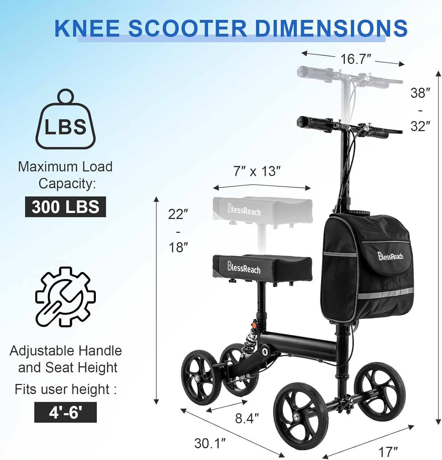 BlessReach Steerable Knee Walker Deluxe Knee Scooter for Foot Injuries, 300 lb

