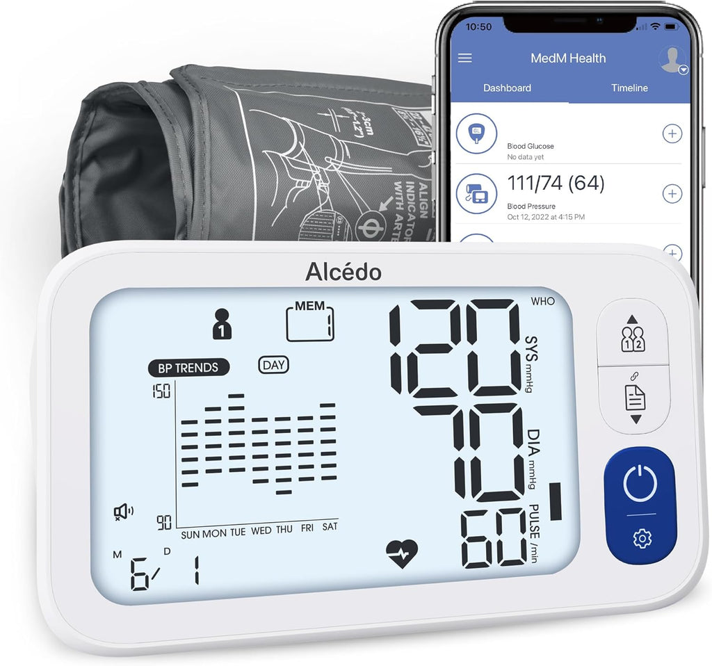 Alcedo Bluetooth Upper Arm Blood Pressure Monitor with App, Backlit Display & Cuff

