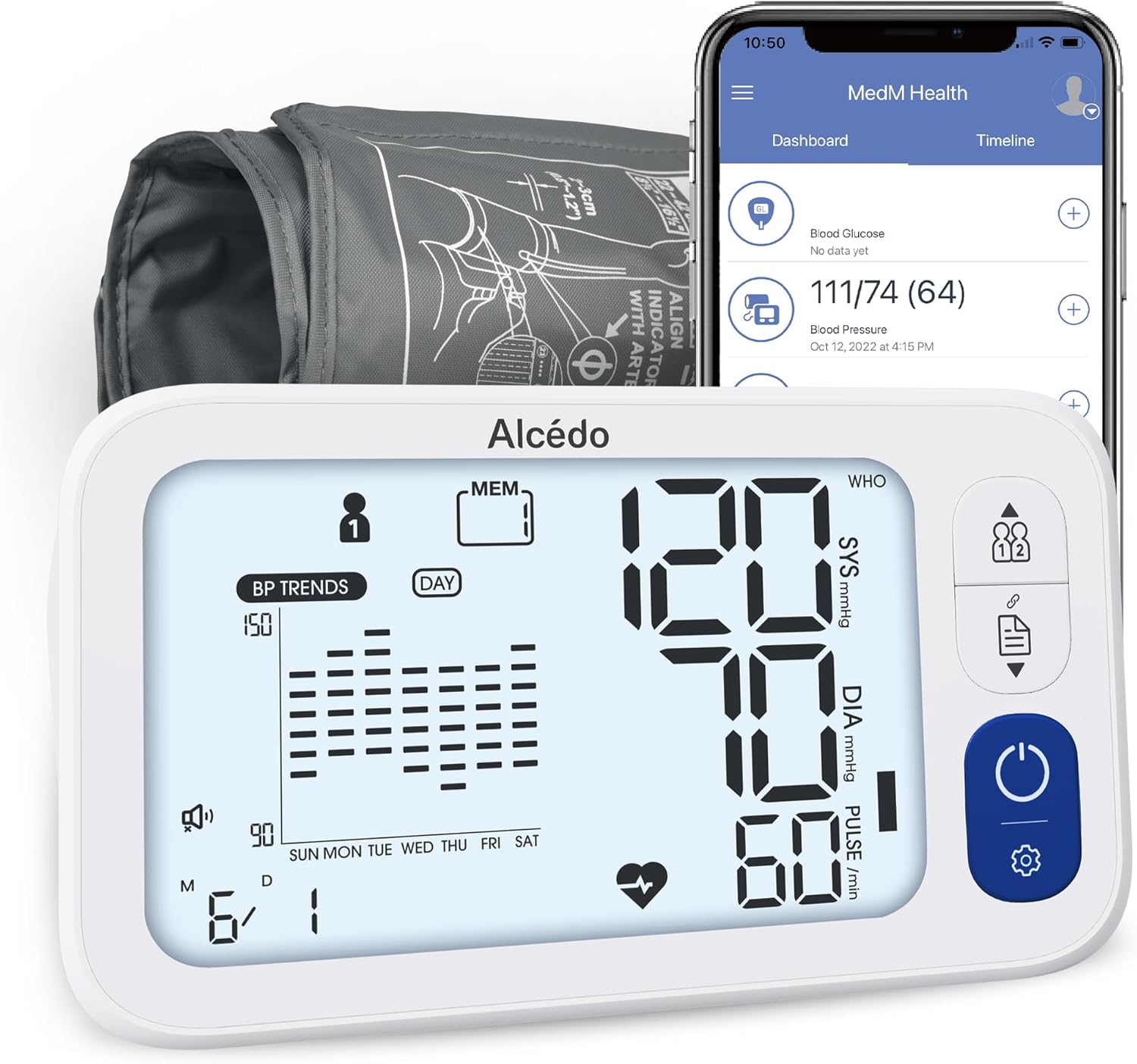 Alcedo Bluetooth Upper Arm Blood Pressure Monitor with App, Backlit Display & Cuff

