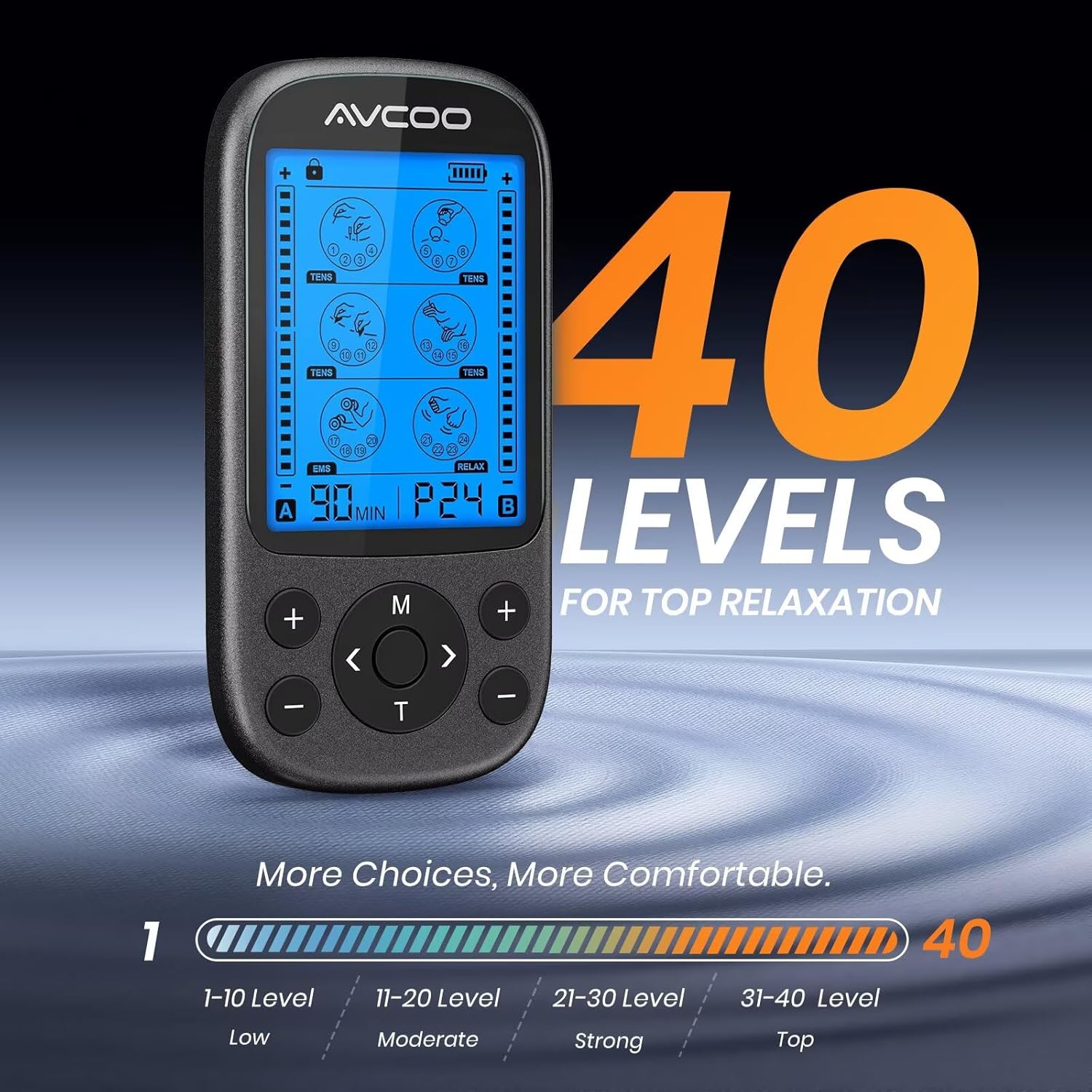 AVCOO 3-in-1 TENS Unit EMS Muscle Stimulator with 24 Modes, Portable Pain Relief


