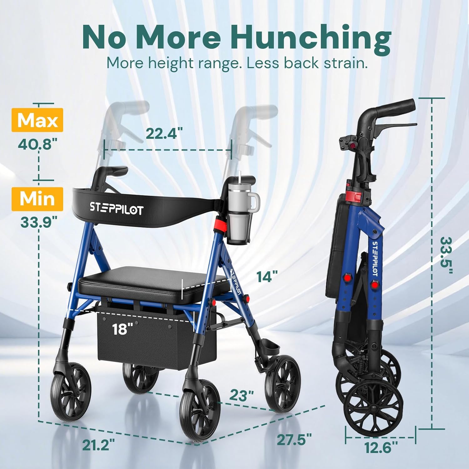 Bariatric Rollator Walker with Seat, 500 lb Aluminum Frame, 8 in All-Terrain Wheels

