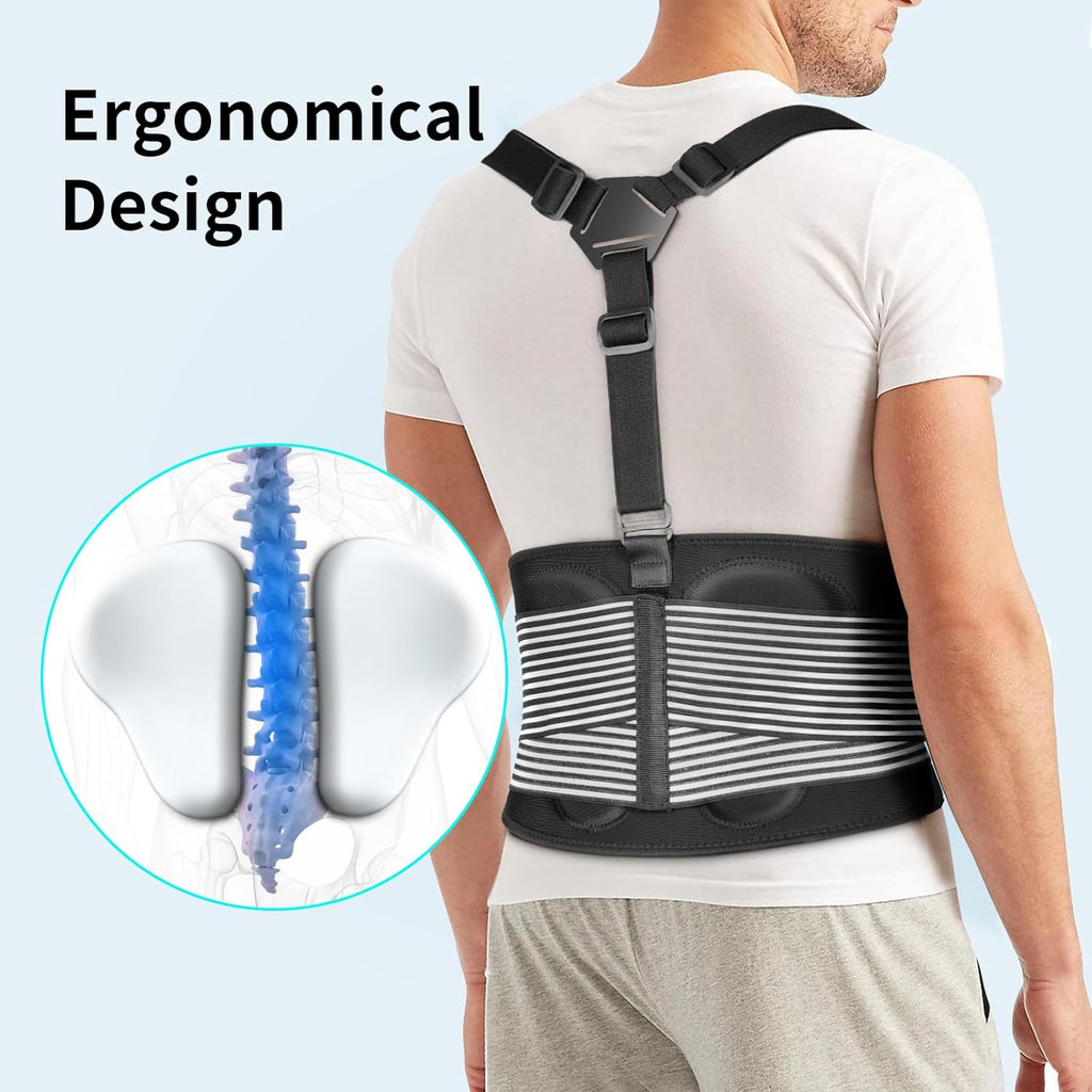 AllyFlex Sports Back Brace for Lifting, Y-Back Suspenders, 3D Lumbar Support

