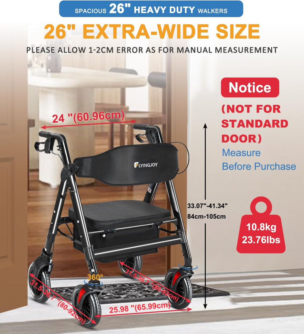 Bariatric Rollator Walker with Seat, 450 lb Heavy-Duty All-Terrain Folding

