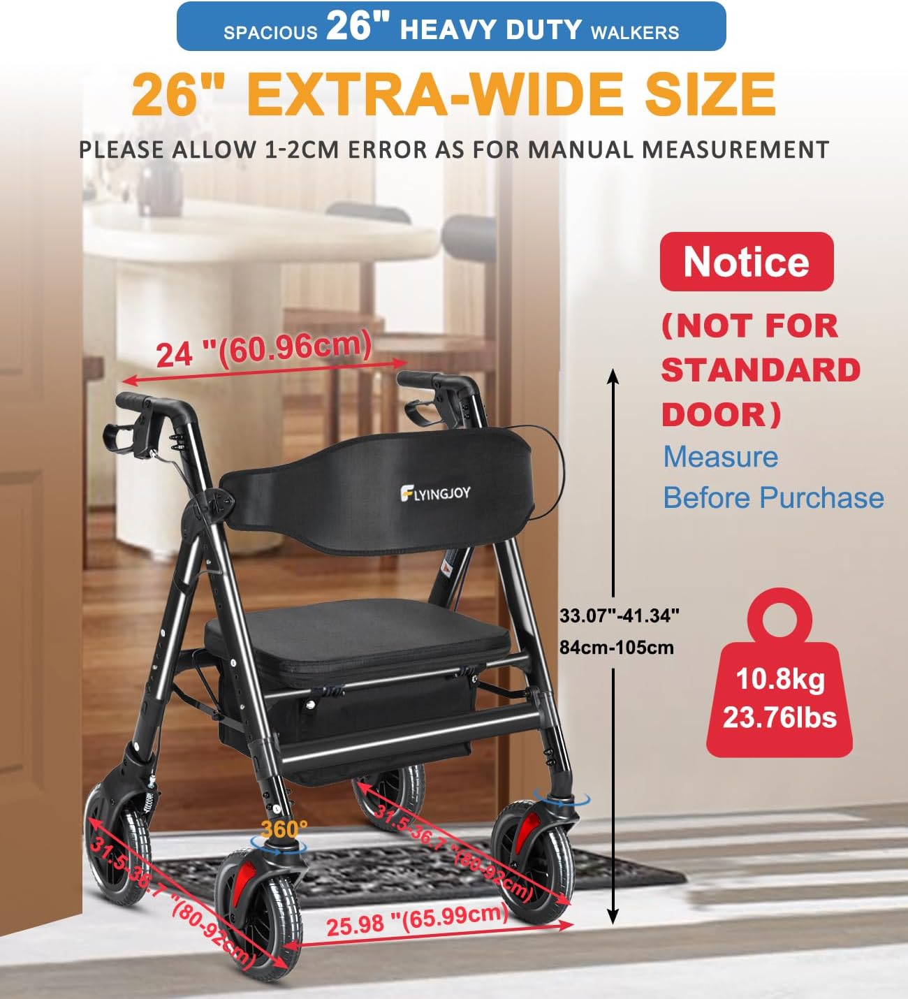 Bariatric Rollator Walker with Seat, 450 lb Heavy-Duty All-Terrain Folding

