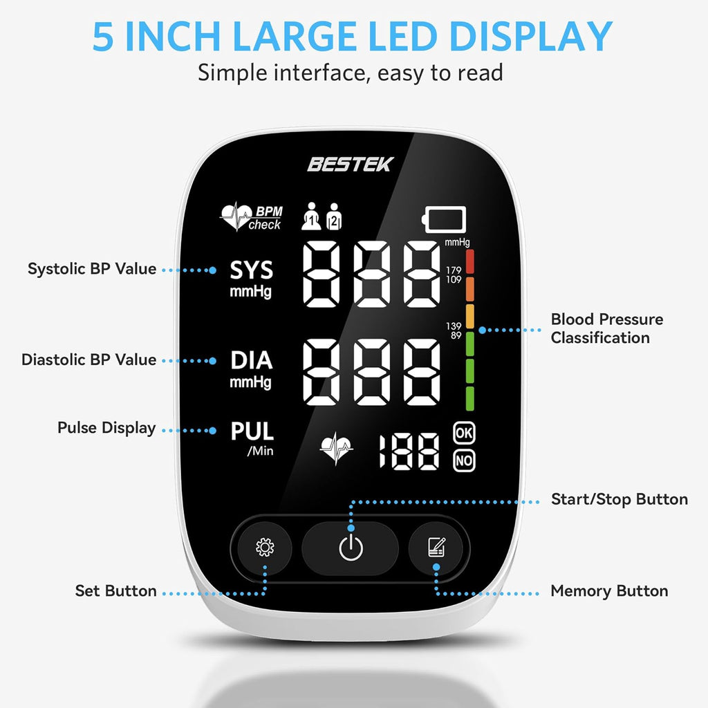 BESTEK Automatic Arm Blood Pressure Monitor, Digital LED Voice BP Cuff


