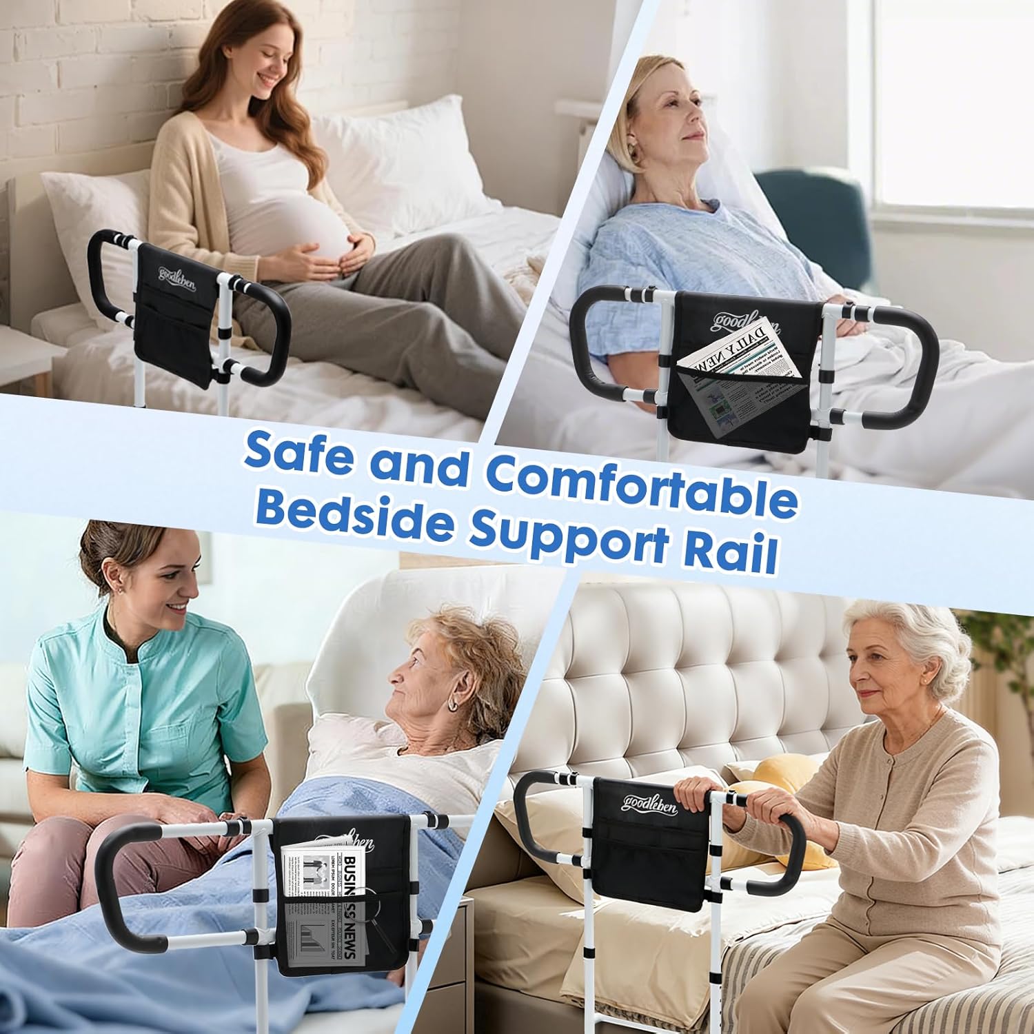 Bed Assist Rail for Seniors Safety, Floor Support, Non-Slip Handle, Storage Pocket

