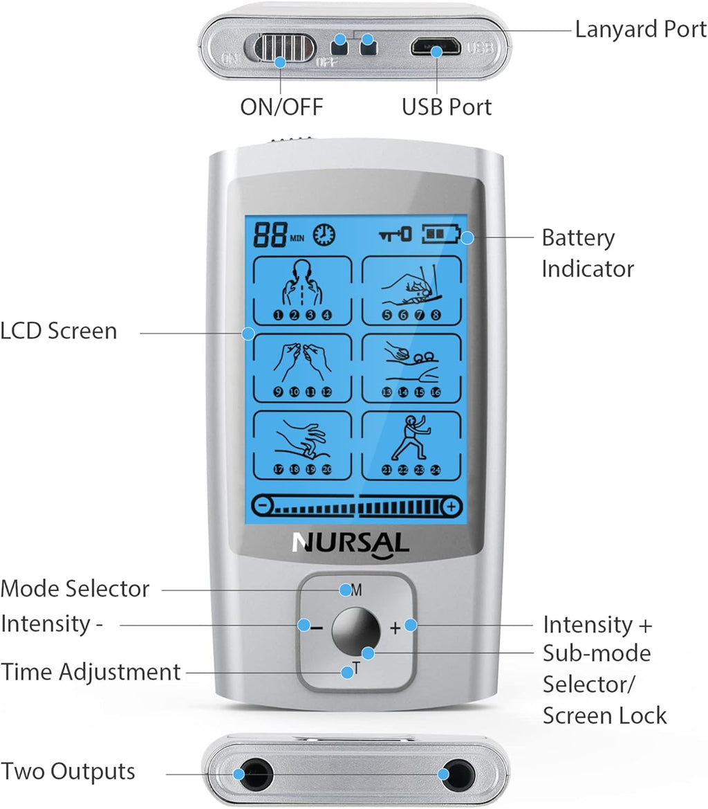 NURSAL 24 Modes TENS EMS Muscle Stimulator Rechargeable Electronic Pulse Massager

