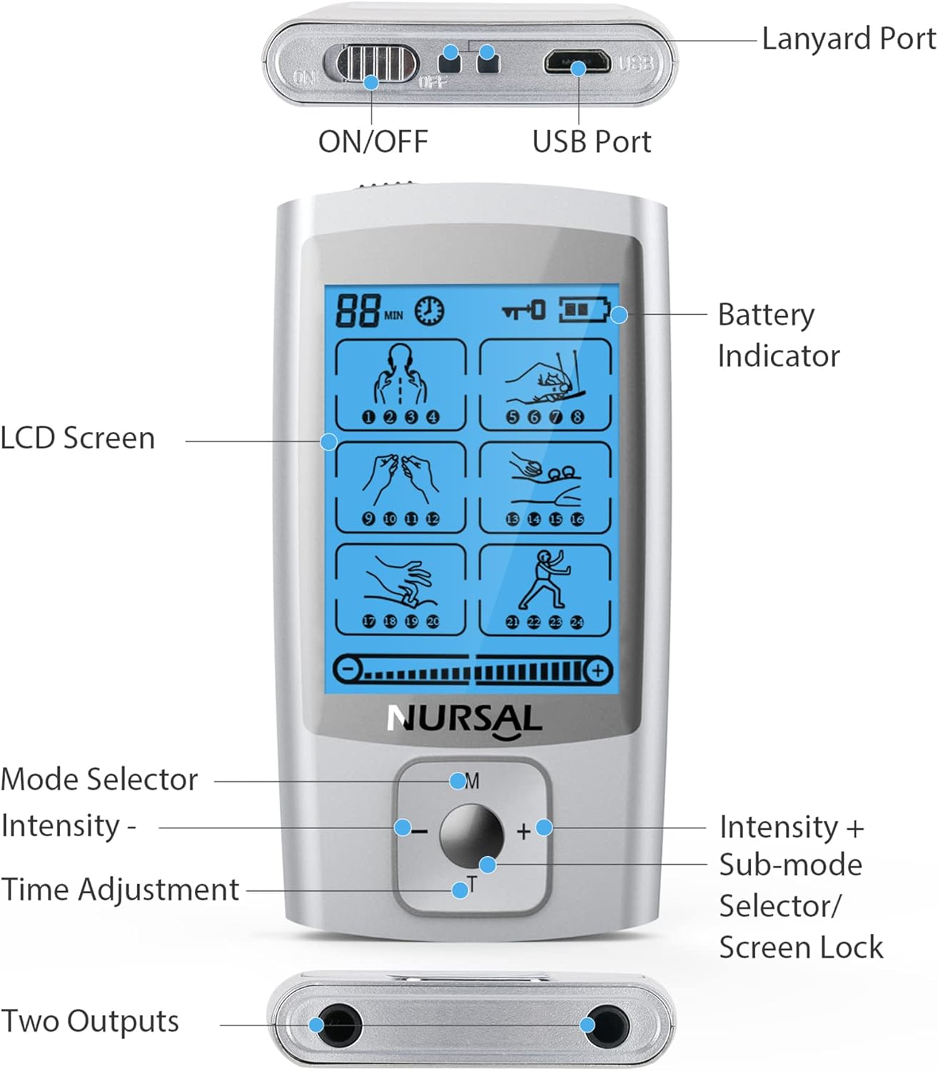 NURSAL 24 Modes TENS EMS Muscle Stimulator Rechargeable Electronic Pulse Massager

