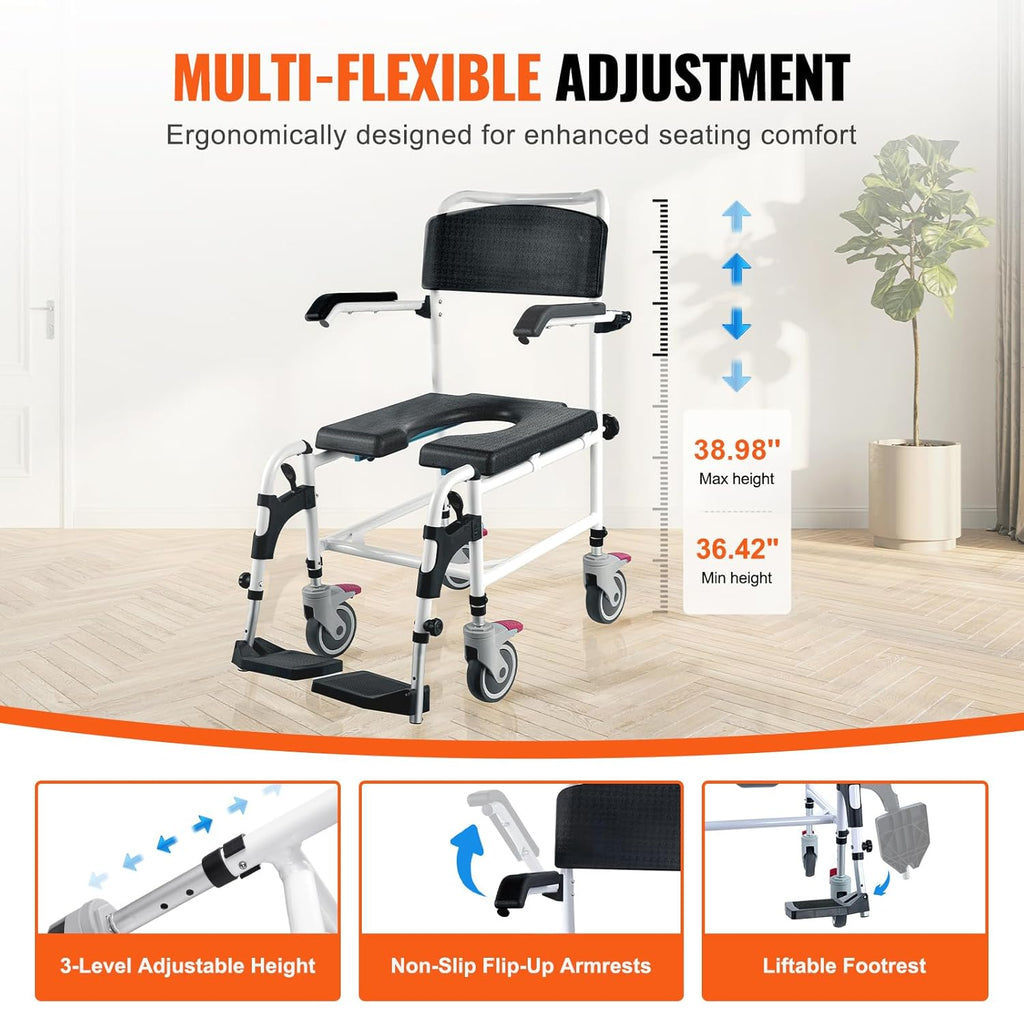 VEVOR 4-in-1 Shower Commode Wheelchair with Removable Bucket, Flip-Up Arms, 350 lbs


