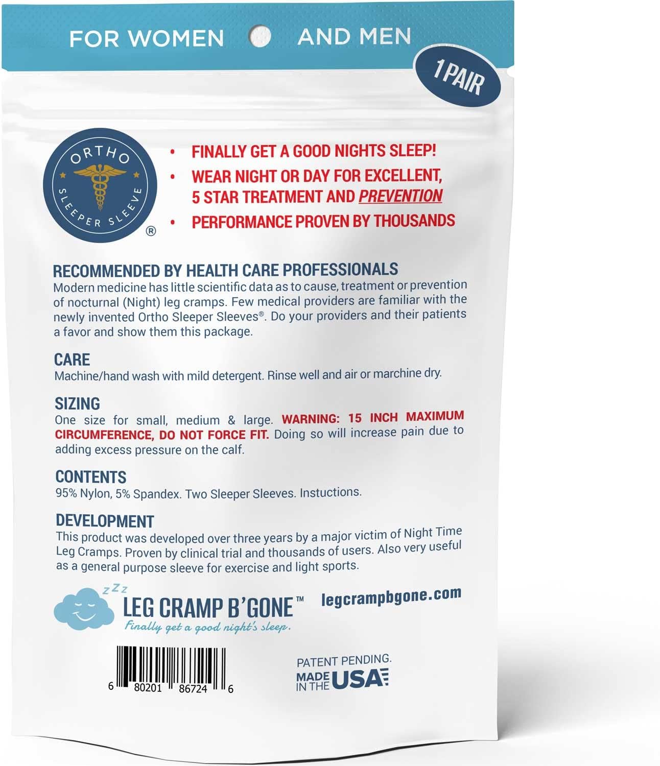 Sleeper Sleeves for Night Leg and Foot Cramps, Easy On Easy Off

