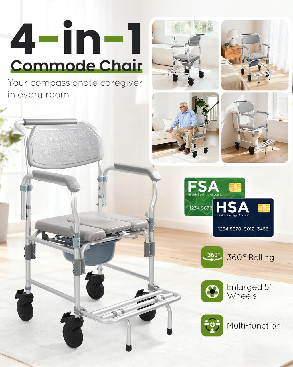 Shower Chair with Wheels, Commode Wheelchair with Flip-Up Arms and Safety Straps

