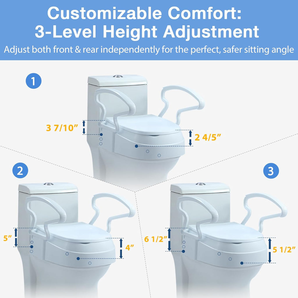 Soaids Raised Toilet Seat Riser with Handles, 3-Level Height Adjustable, 300 lb

