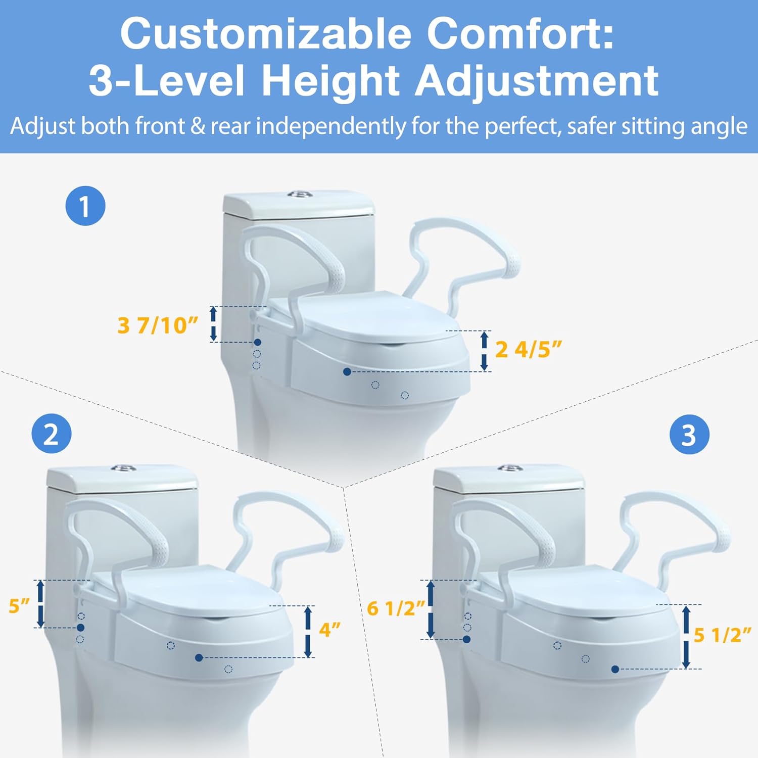 Soaids Raised Toilet Seat Riser with Handles, 3-Level Height Adjustable, 300 lb

