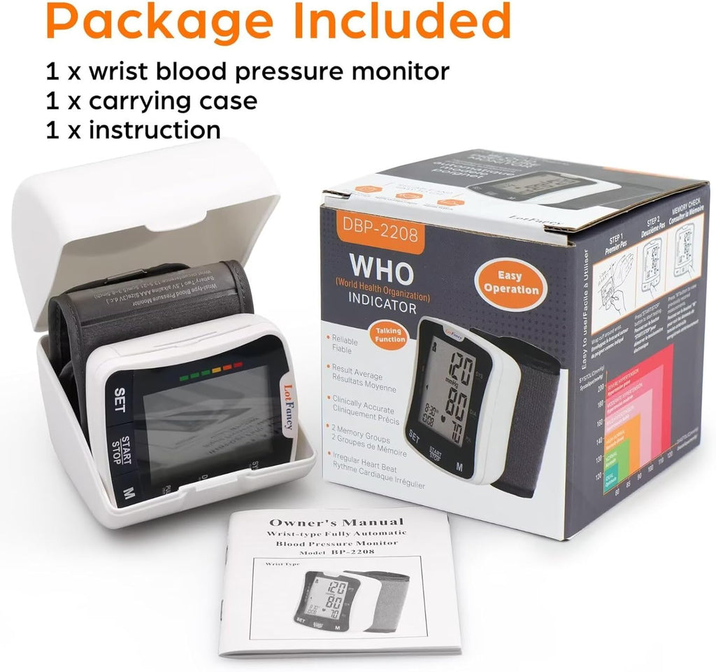 LotFancy Talking Wrist Blood Pressure Monitor, Automatic Cuff, Large LCD, 120 Memory

