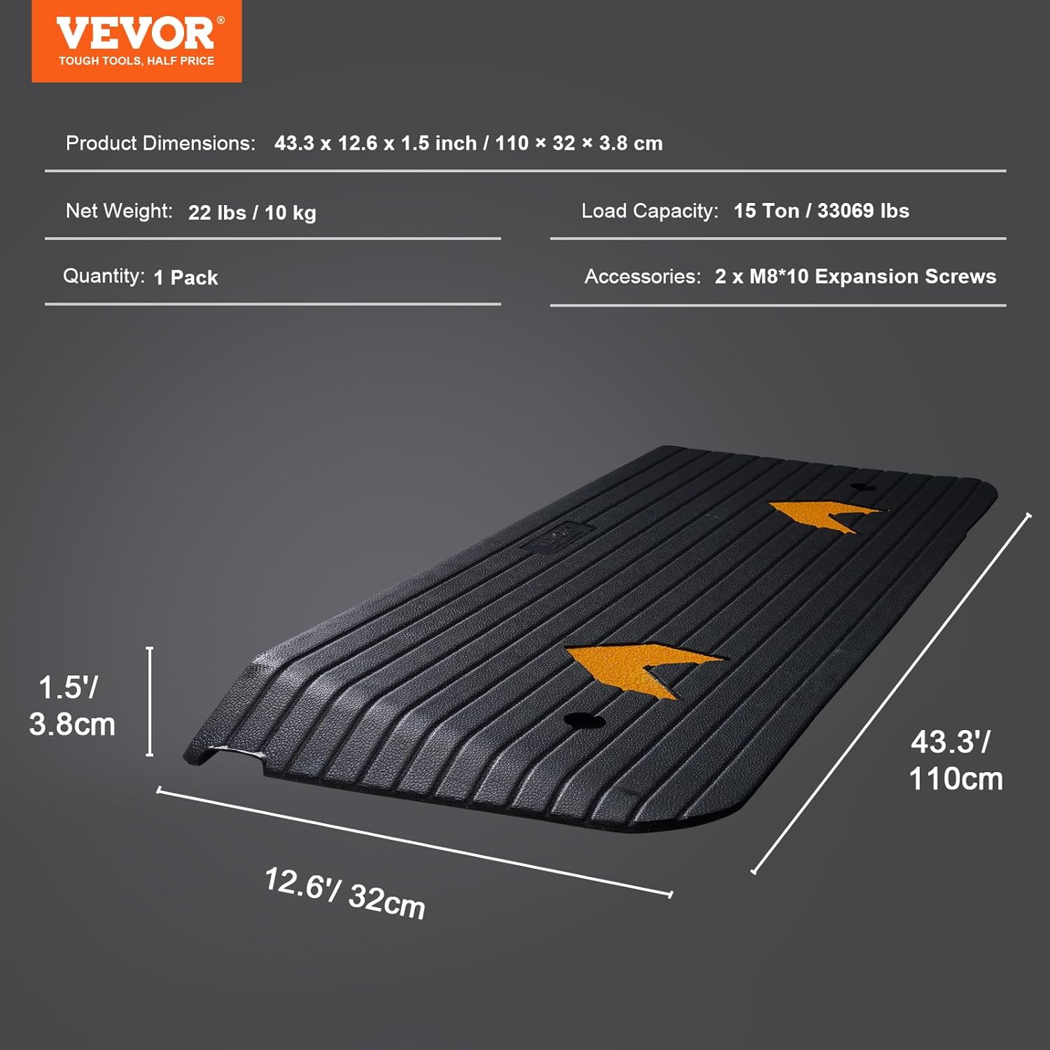 VEVOR Rubber Threshold Ramp 1.5" Rise Non-Slip Beveled Doorway Ramp for Wheelchairs

