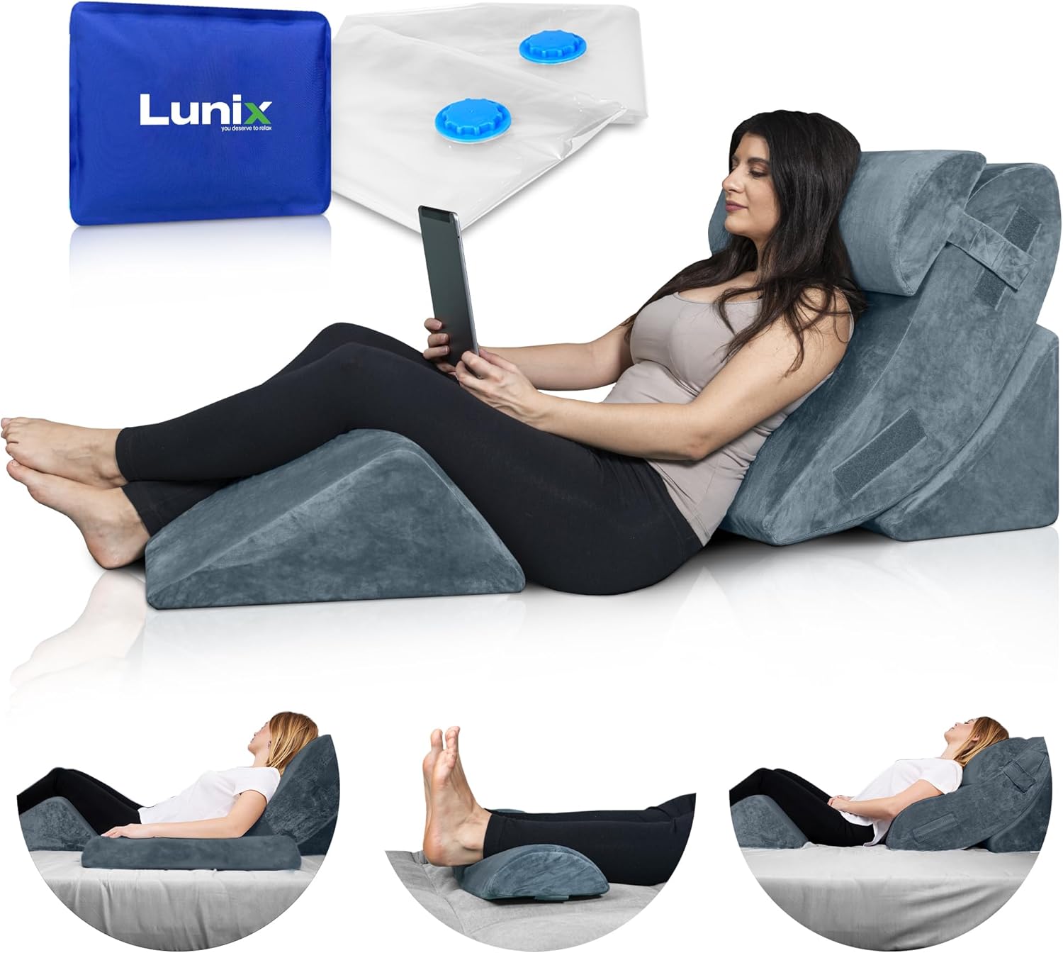 Lunix LX5 4-Piece Orthopedic Bed Wedge Pillow Set for Shoulder & Upper Body Support

