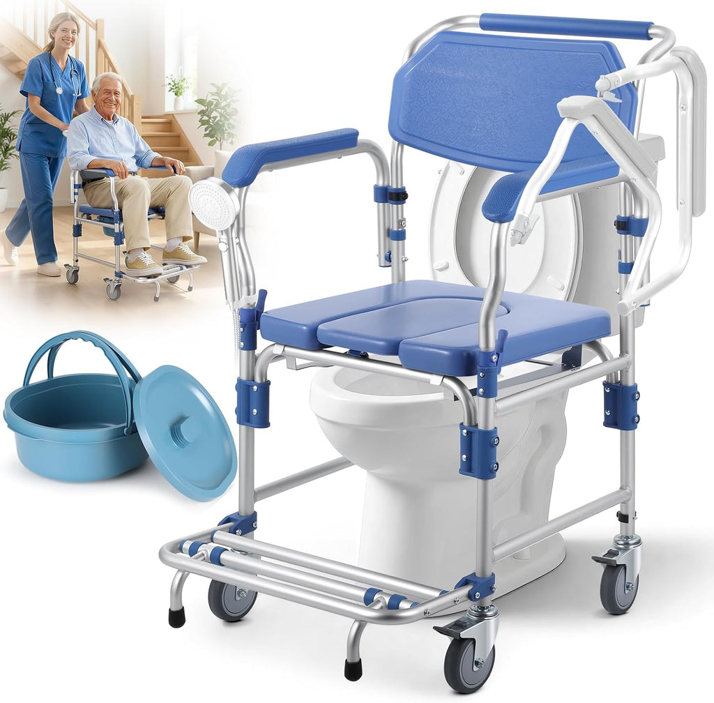 Bedside Commode Wheelchair with Drop Arms, Locking Casters, Waterproof Shower Chair

