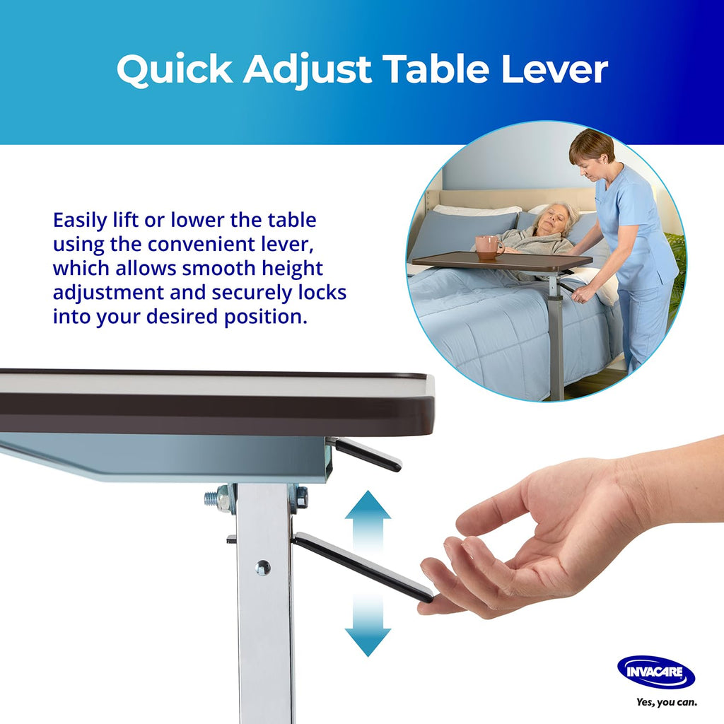 Invacare Height Adjustable Bedside Table with Waterproof Rolling Tray Desk

