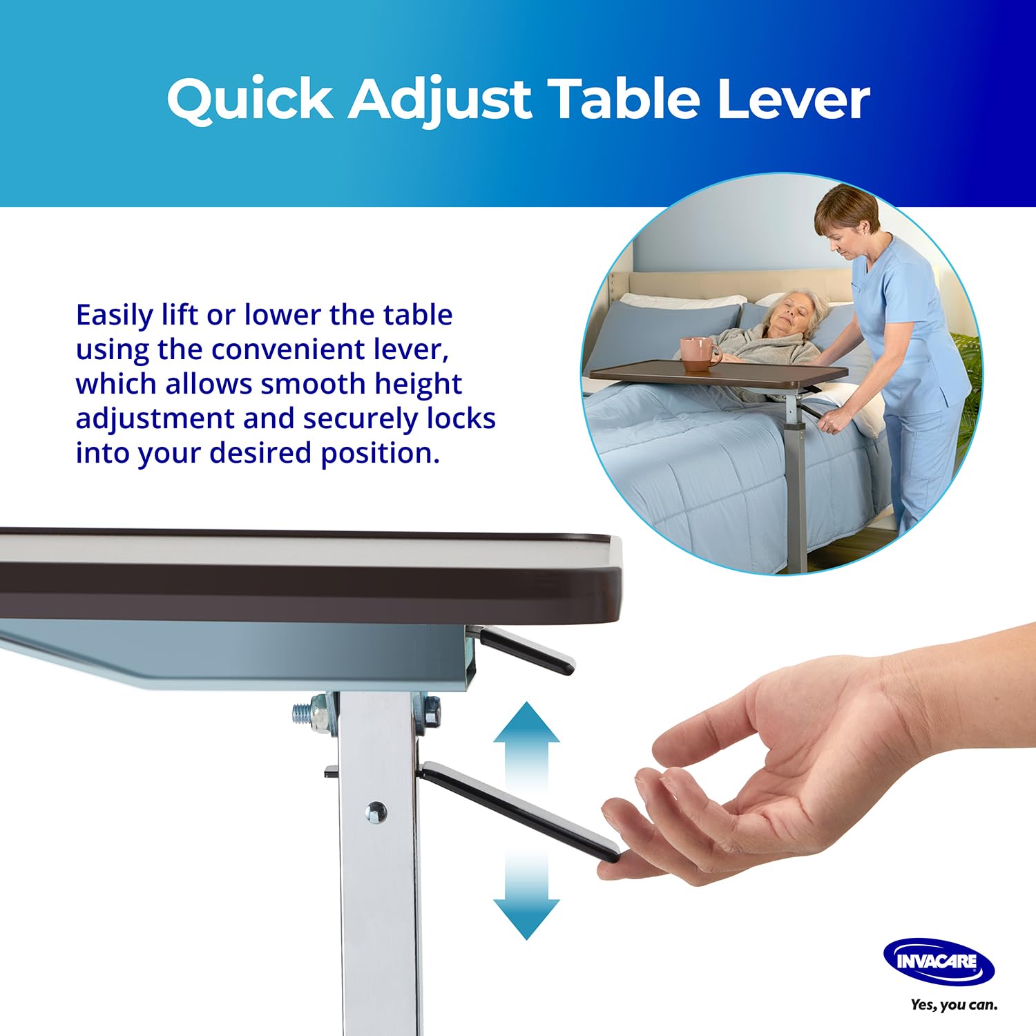 Invacare Height Adjustable Bedside Table with Waterproof Rolling Tray Desk

