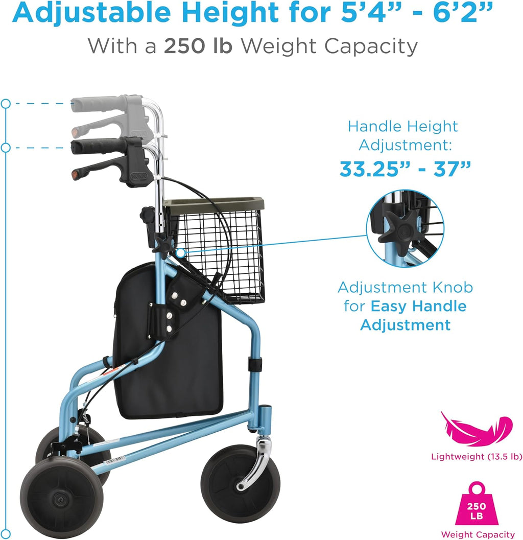 NOVA Traveler Folding 3-Wheel Walker with Tray Basket Pouch and Cup Holder

