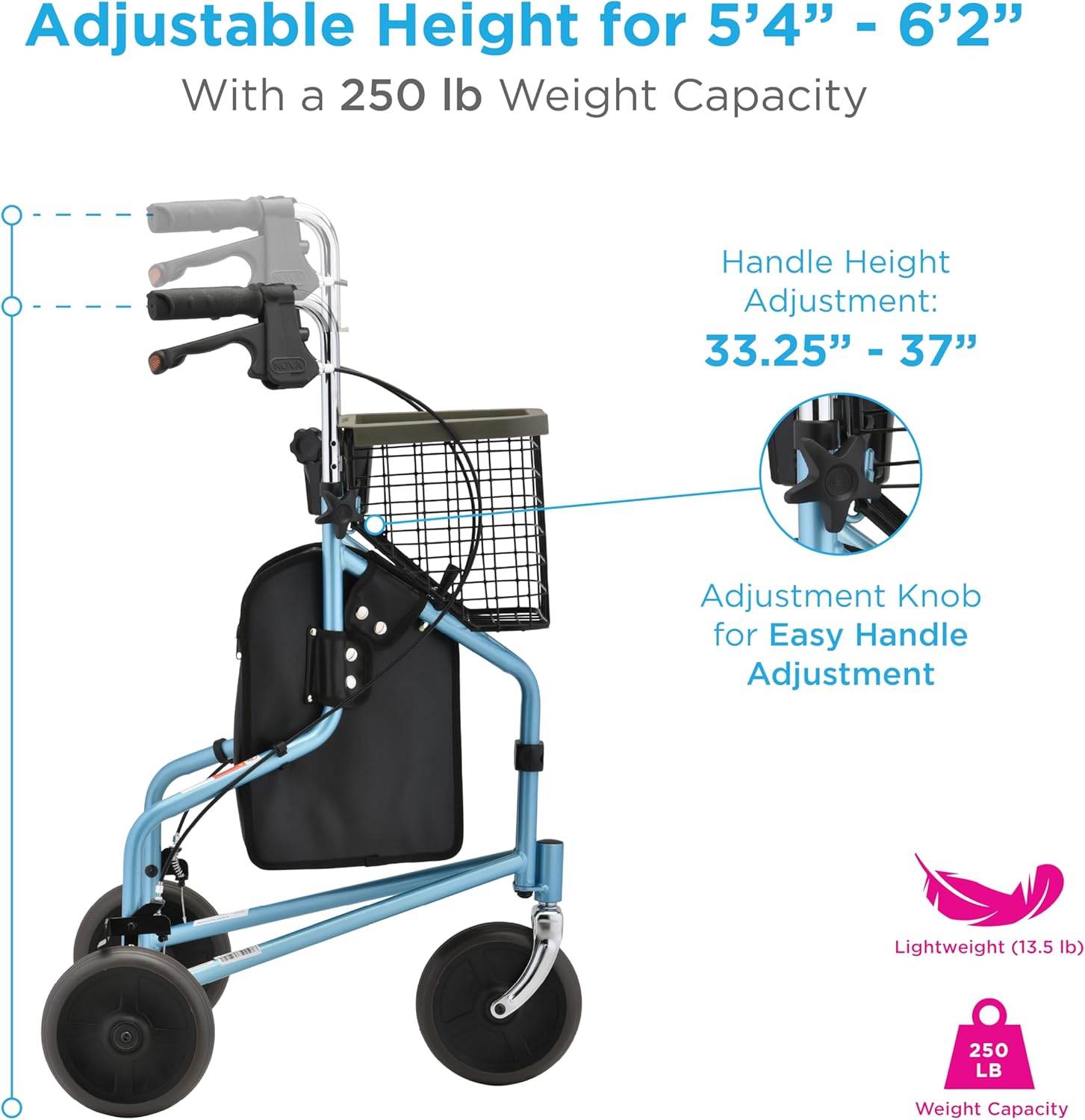 NOVA Traveler Folding 3-Wheel Walker with Tray Basket Pouch and Cup Holder

