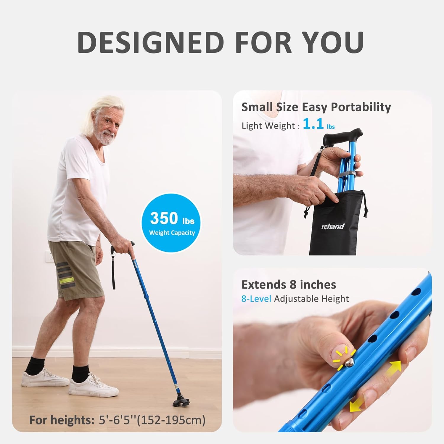 REHAND Pivot Quad Walking Cane for Adults, Foldable Adjustable Self-Standing

