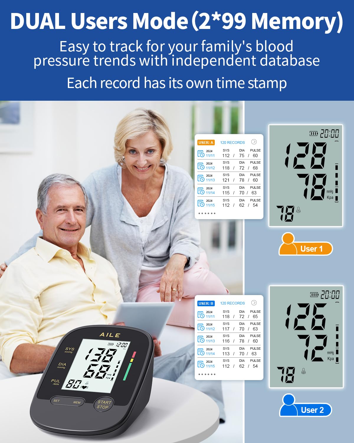 AILE Upper Arm Blood Pressure Monitor with Adjustable Cuff, Large LCD Display

