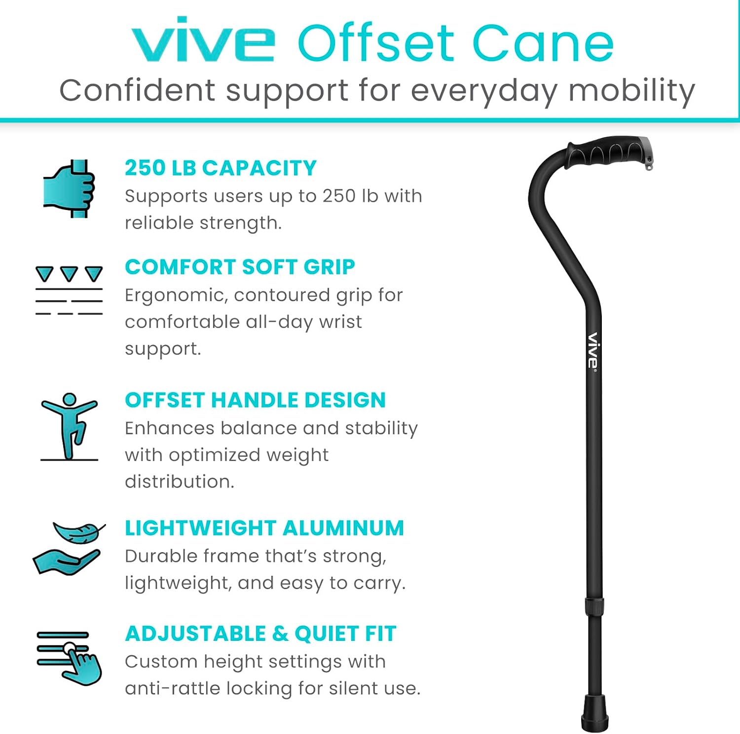 Vive Adjustable Walking Cane for Adults with Offset Grip, Lightweight Aluminum

