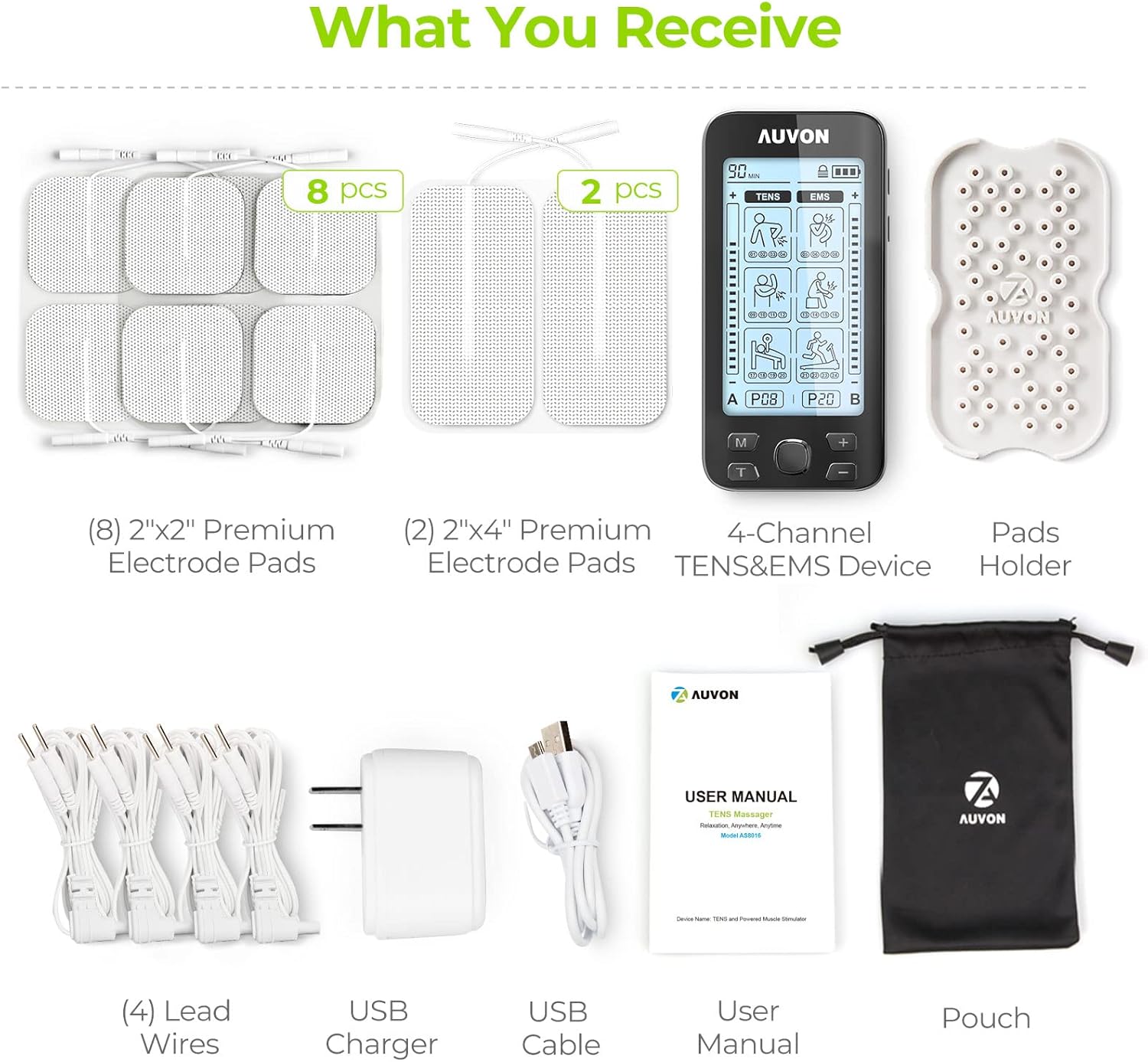 AUVON 4-Channel TENS and EMS Unit for Pain Relief Muscle Stimulation

