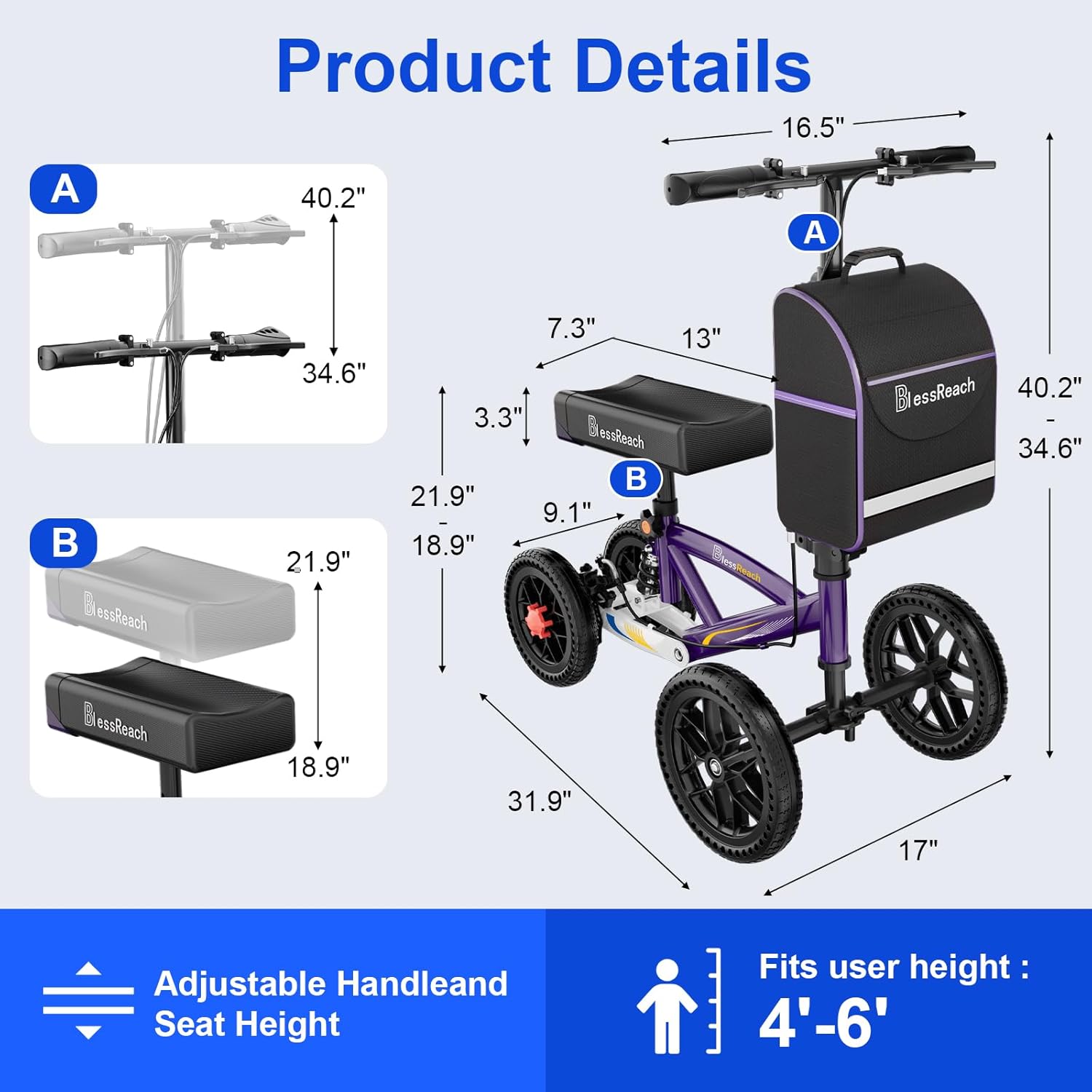BlessReach All Terrain Foldable Knee Scooter Walker with Disc Brake, Compact Crutch Alternative

