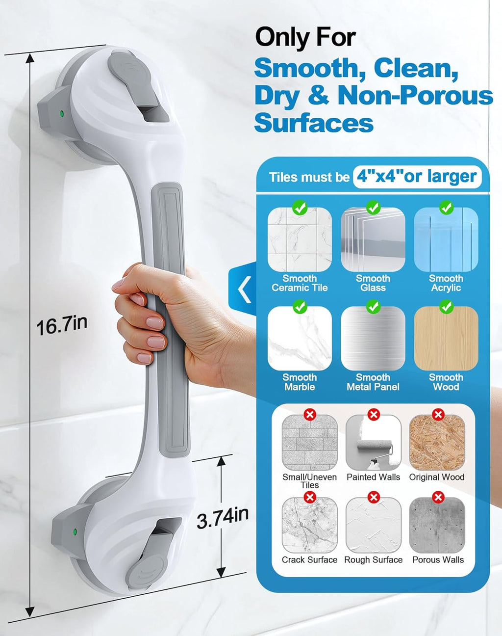 Shower Grab Bars for Seniors 16.7 in Anti-Slip Suction Cup Handle, 2-Pack

