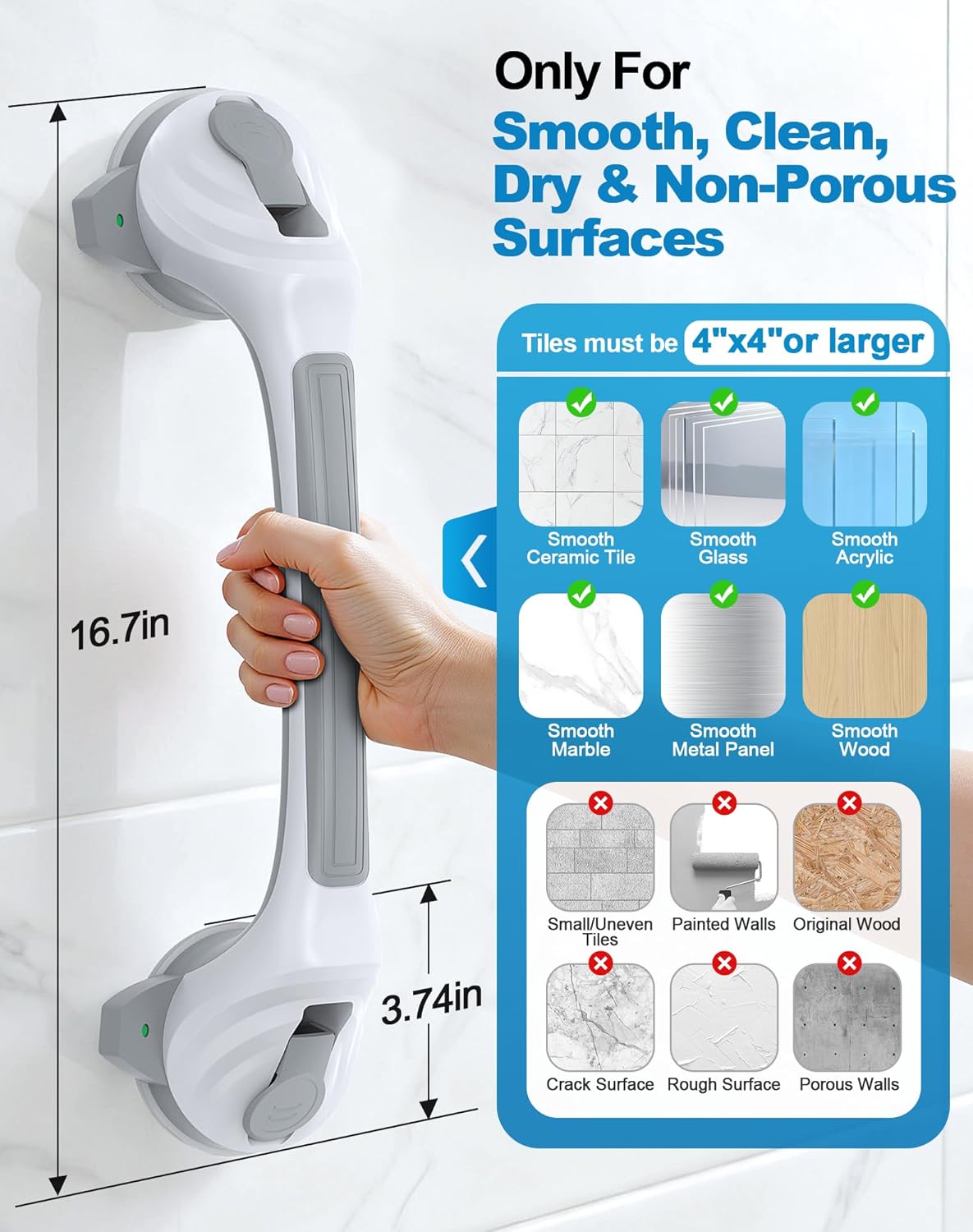 Shower Grab Bars for Seniors 16.7 in Anti-Slip Suction Cup Handle, 2-Pack

