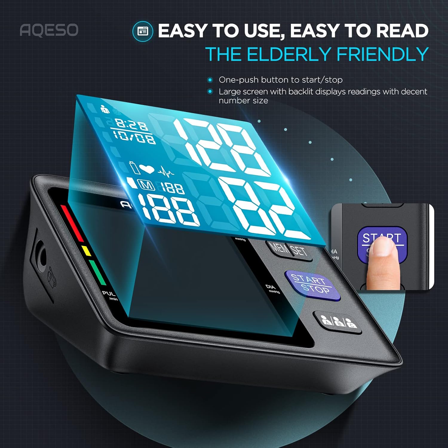 AQESO Upper Arm Digital Blood Pressure Monitor, Automatic BP Cuff with Backlit LCD

