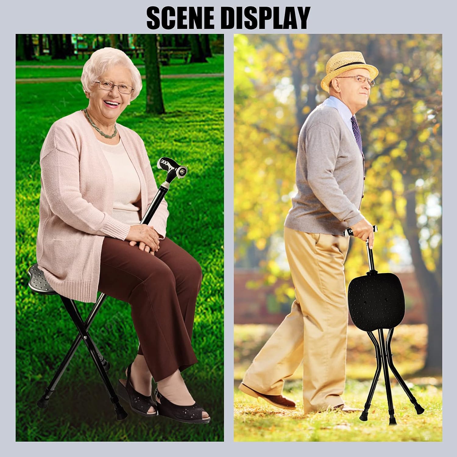 Yayayo Folding Cane with Seat 440 lb Capacity Height Adjustable Walking Stick


