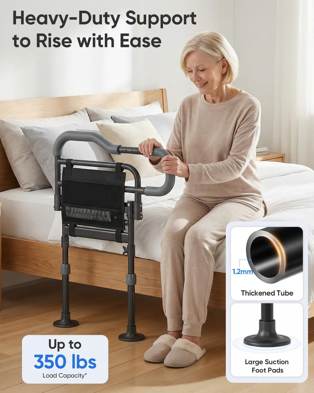 Folding Bed Rails for Elderly, Height-Adjustable Bed Assist Rail with Motion Light

