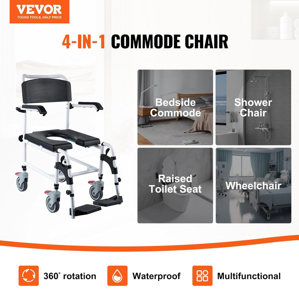 VEVOR 4-in-1 Shower Commode Wheelchair with Removable Bucket, Flip-Up Arms, 350 lbs


