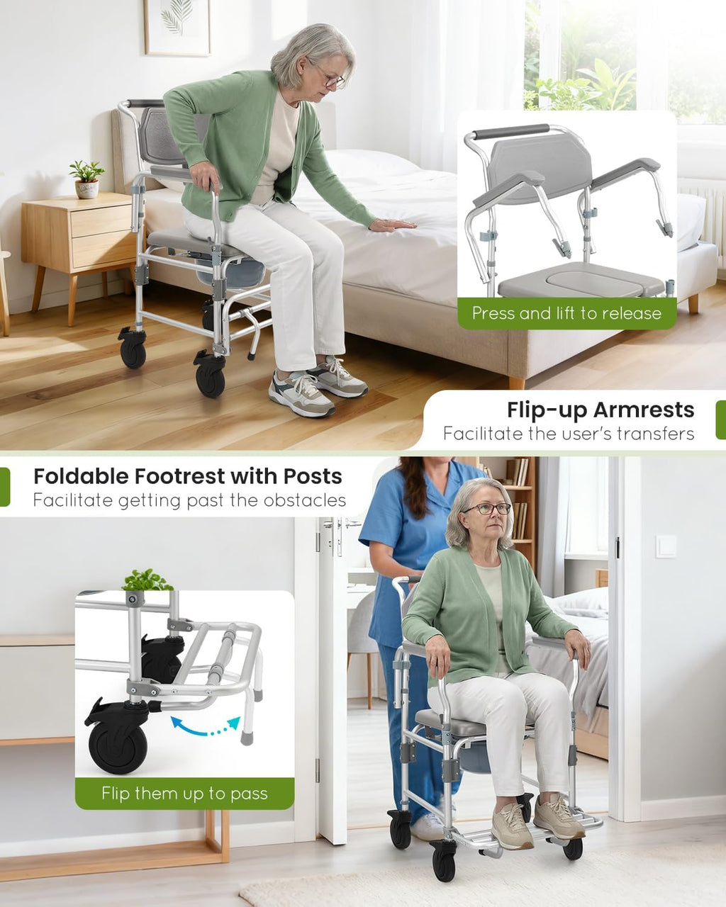 Shower Chair with Wheels, Commode Wheelchair with Flip-Up Arms and Safety Straps

