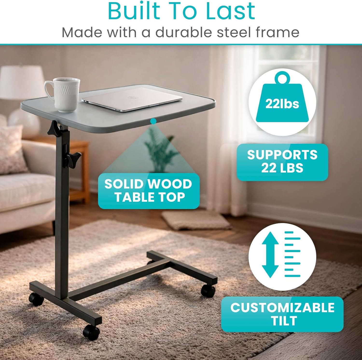 Vive Overbed Hospital Bed Table with Adjustable Height Tilt Tray and Locking Wheels

