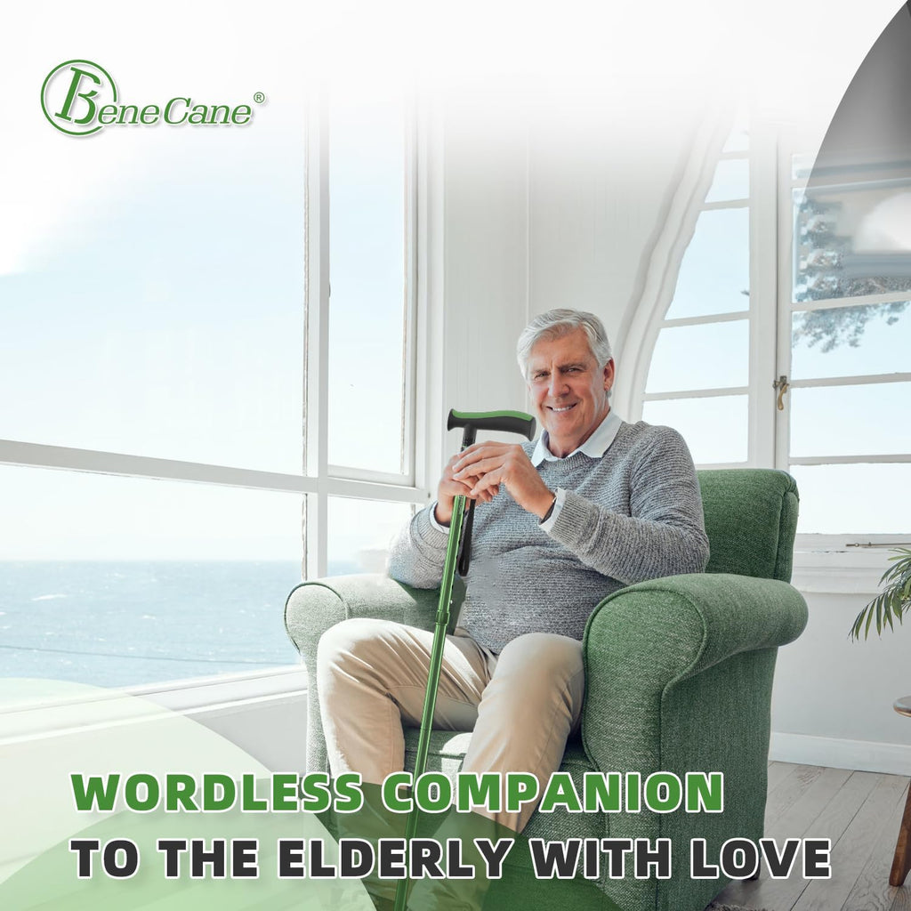 BeneCane Folding Walking Cane for Seniors, Adjustable Quad Cane with TPR T-Handle

