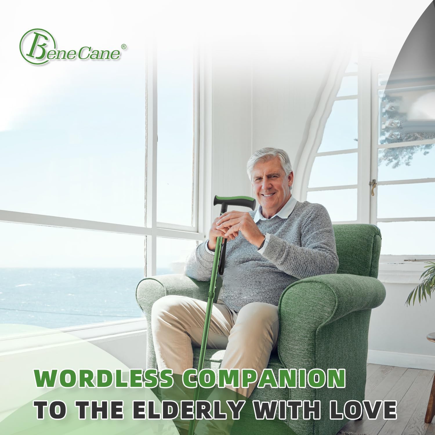 BeneCane Folding Walking Cane for Seniors, Adjustable Quad Cane with TPR T-Handle

