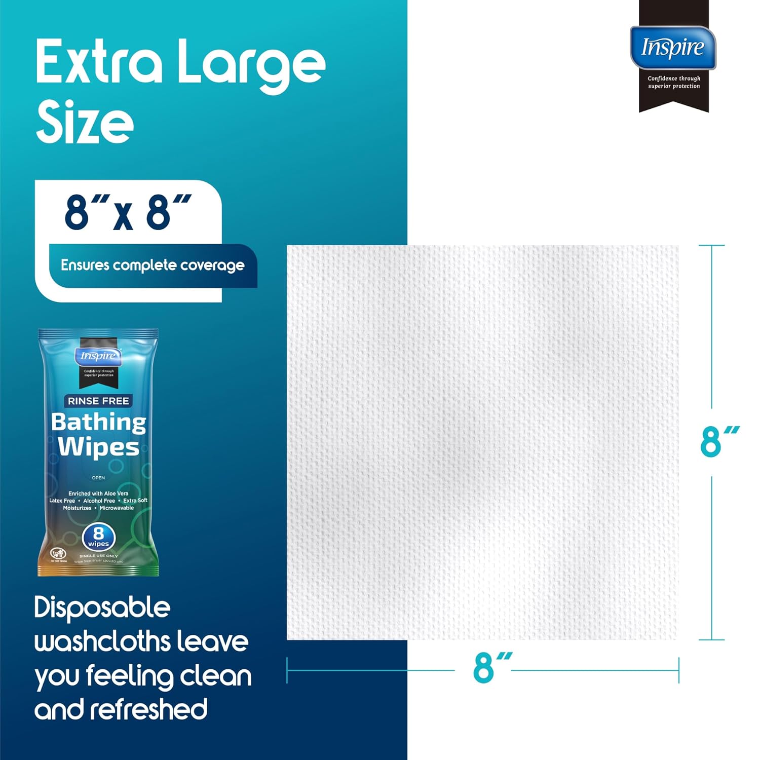 Inspire Adult Body Wipes Rinse-Free Bathing Washcloths, Aloe Vera, Incontinence

