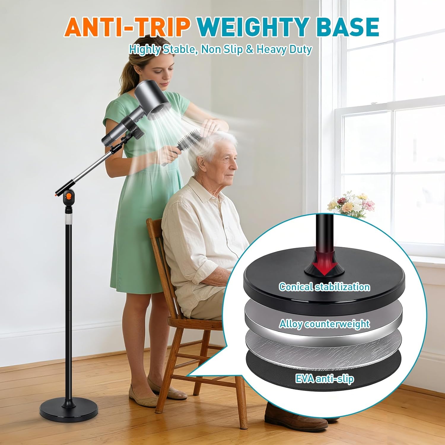 Hands Free Hair Dryer Stand with Rotary Lock, 360° Swivel & Adjustable Height Base

