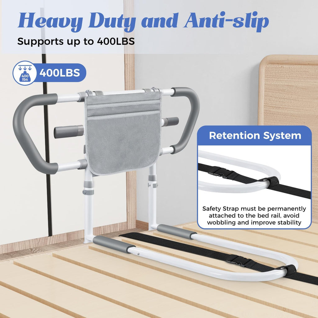 Bed Assist Rail with Storage Pouch, Height-Adjustable Stainless Steel Bed Rails

